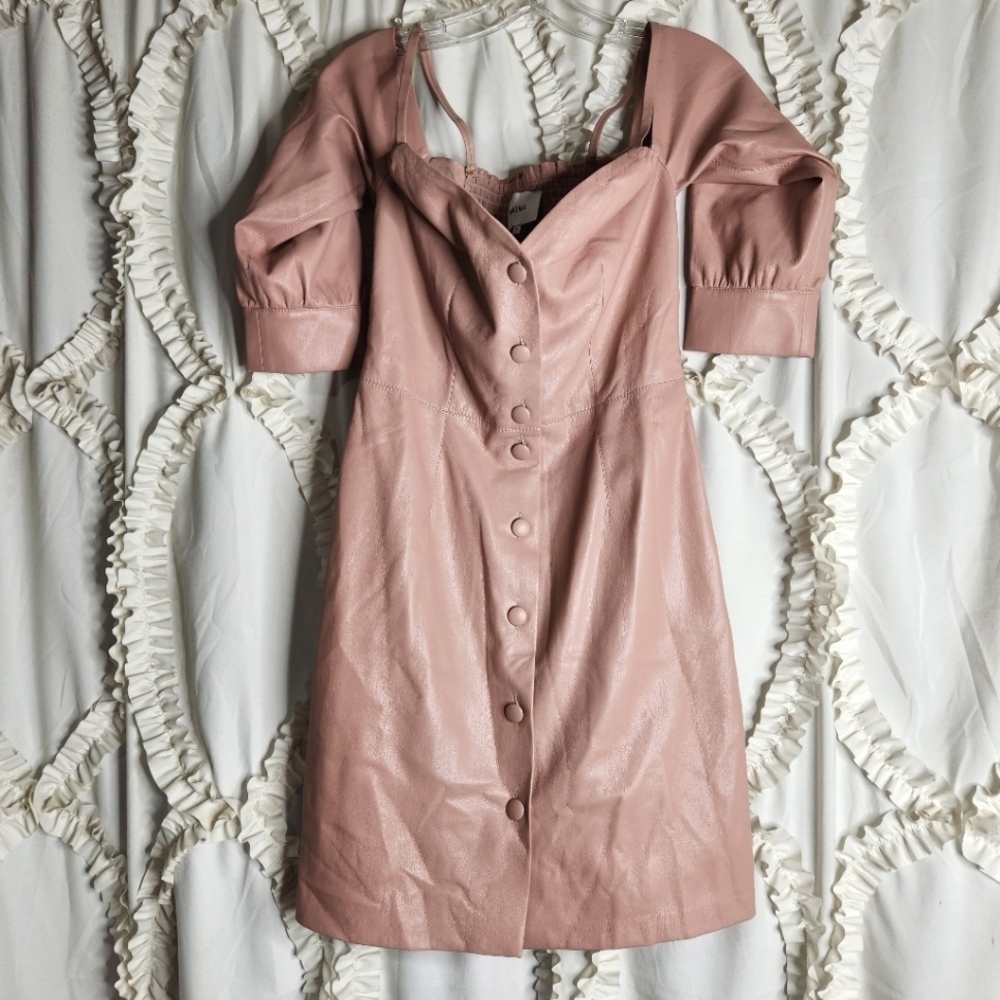 Nanushka Vegan Leather V Neck Shirt Dress Dusty Rose Pink Size Small